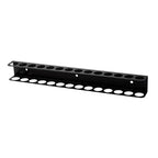 Black metal wall-mount tool rack with 14 slots on white studio background, angled view showing dual-row hole design
