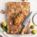 Acacia wood cutting board professional rectangular shape with integrated side grips white background