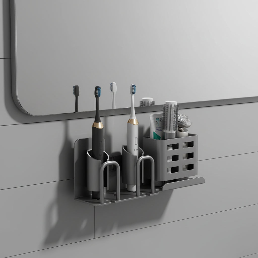 Wall-mounted aluminium toothbrush holder with electric toothbrushes and toiletries in modern bathroom