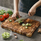 Acacia wood cutting board 35x25cm with vegetables being chopped showing end-grain construction