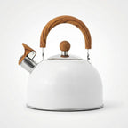 White stainless steel stovetop whistling kettle with wooden-style arch handle, studio white background, front view