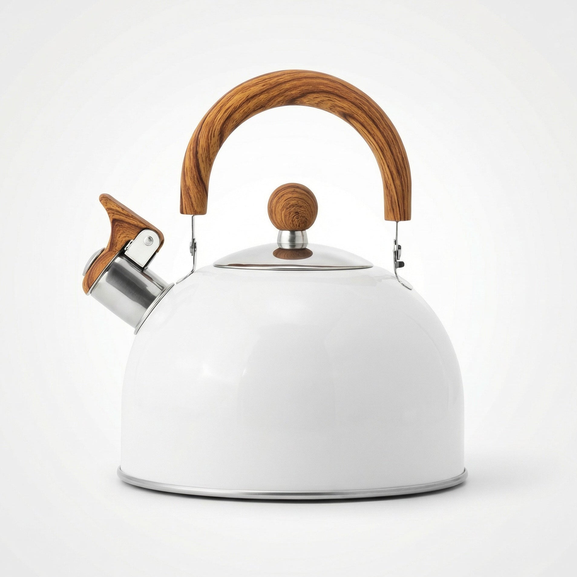 White stainless steel stovetop whistling kettle with wooden-style arch handle, studio white background, front view