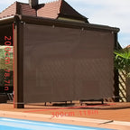 Close-up detail of polyethylene mesh weave pattern and reinforced corner eyelet on brown shade sail