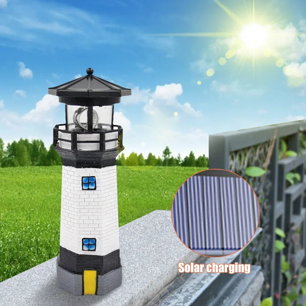 Lighthouse solar garden light daytime view showing solar panel charging detail bright background