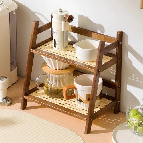 Freestanding bamboo kitchen shelf two tiers natural wood finish white background