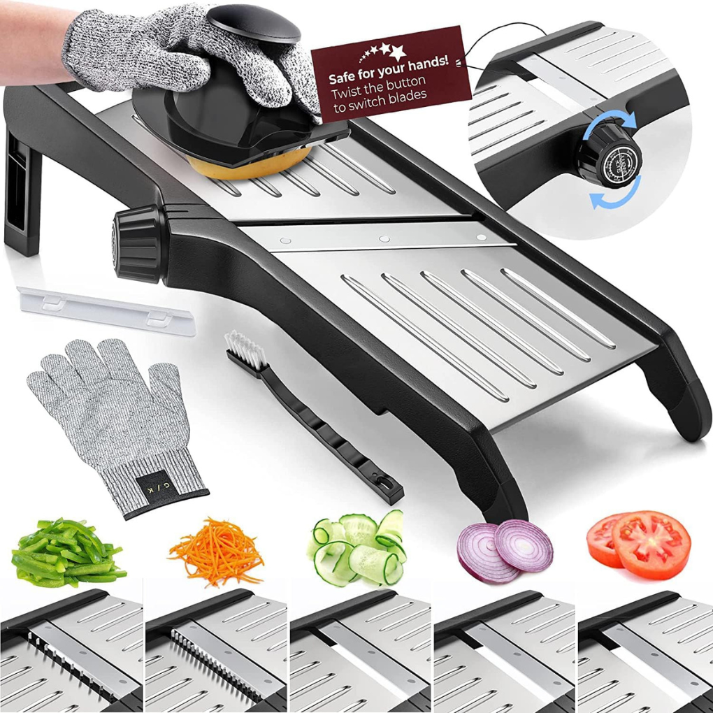 Mandoline Slicer with Cut-Resistant Gloves in lifestyle setting