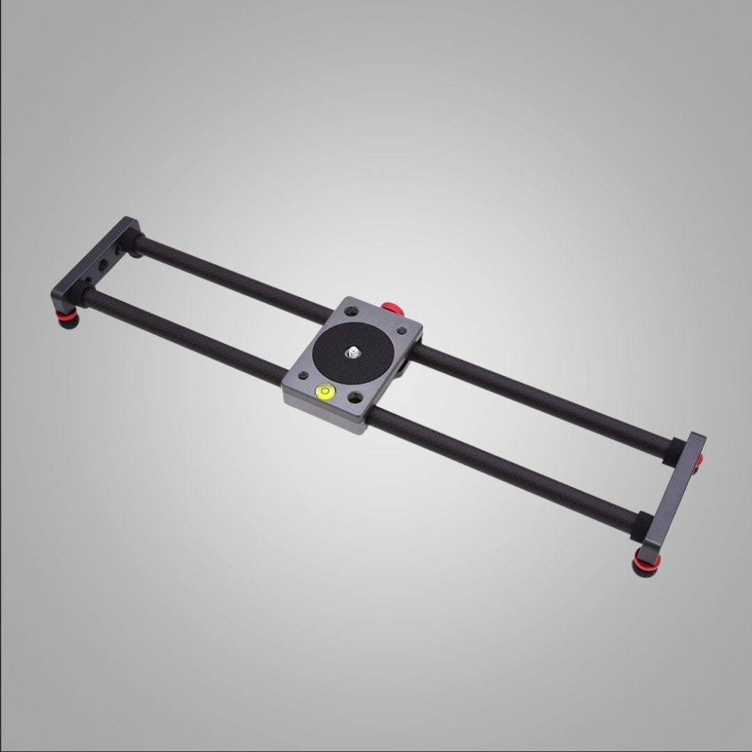 Camera slider rail extended showing full 42.5cm length with precision ball bearings detail