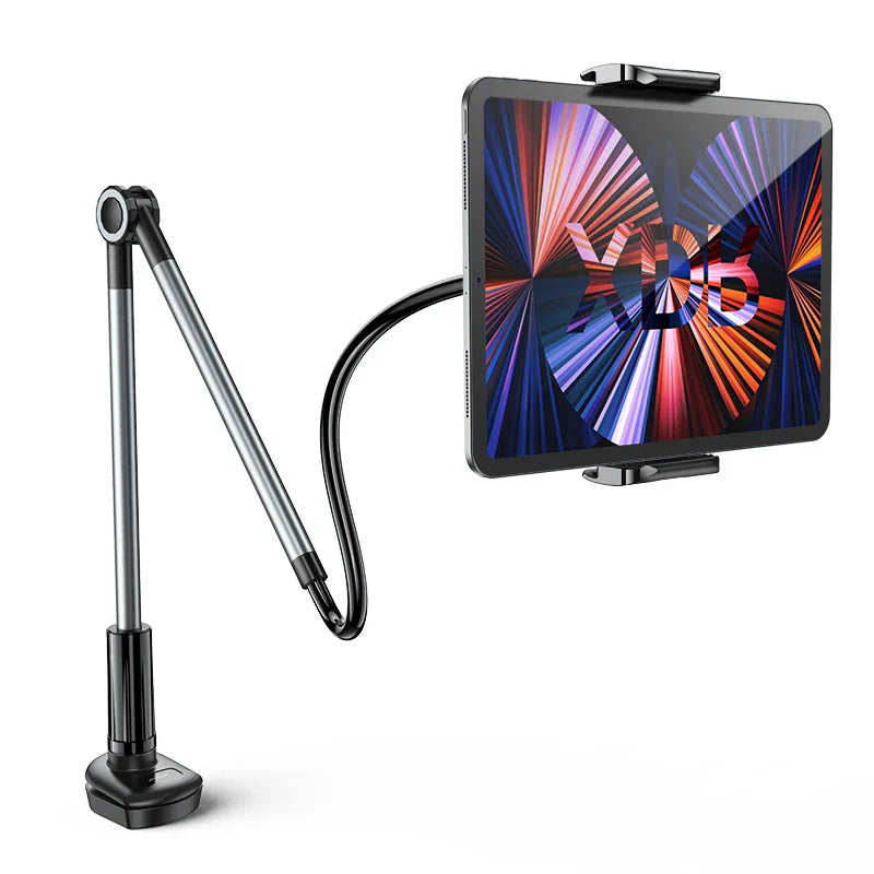 ABS plastic tablet holder on white background showing 360-degree rotation and adjustable gooseneck arm