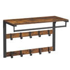 Wall coat rack with 10 removable hooks, rustic brown wood-look panels and black metal frame, 45-degree angle on white studio background