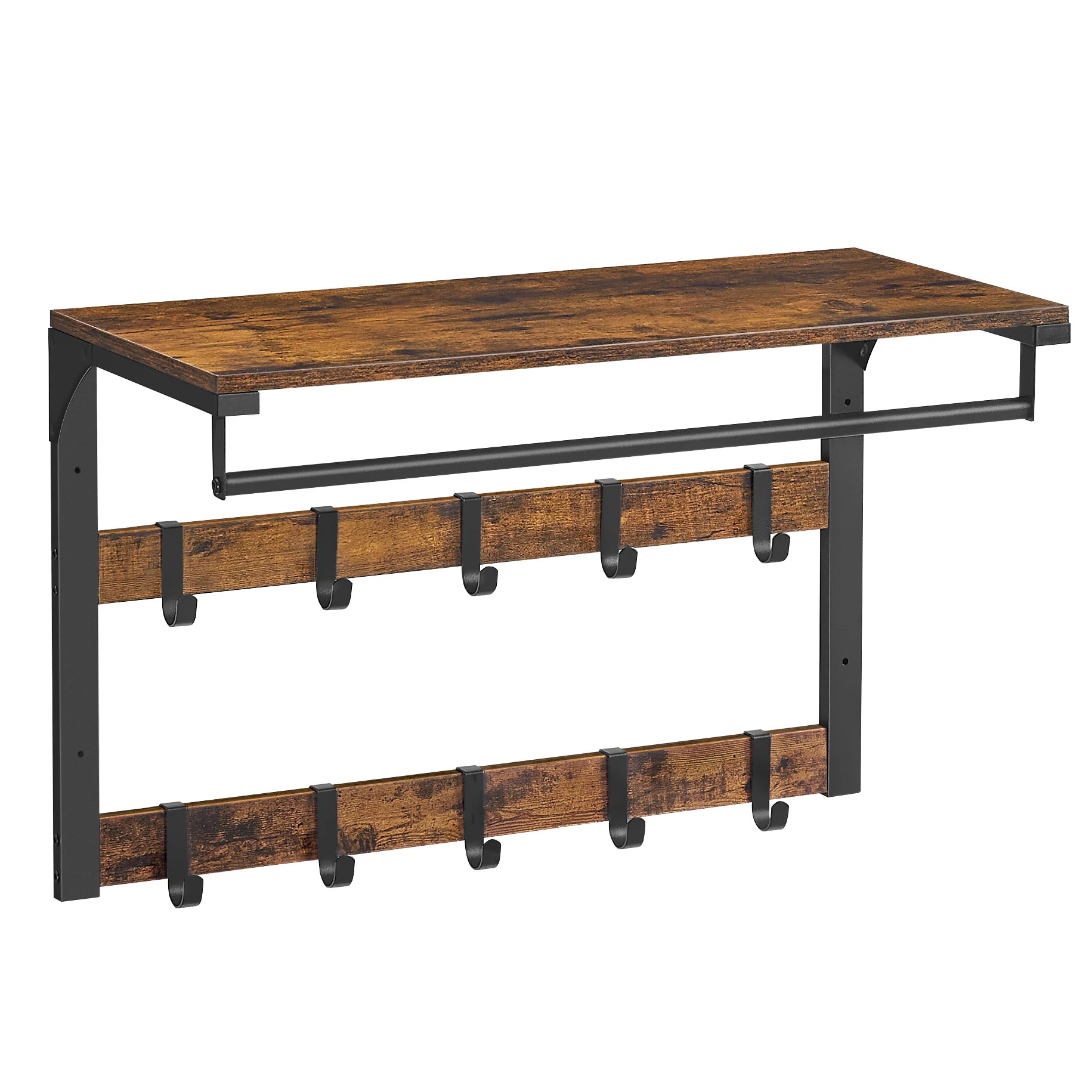 Wall coat rack with 10 removable hooks, rustic brown wood-look panels and black metal frame, 45-degree angle on white studio background
