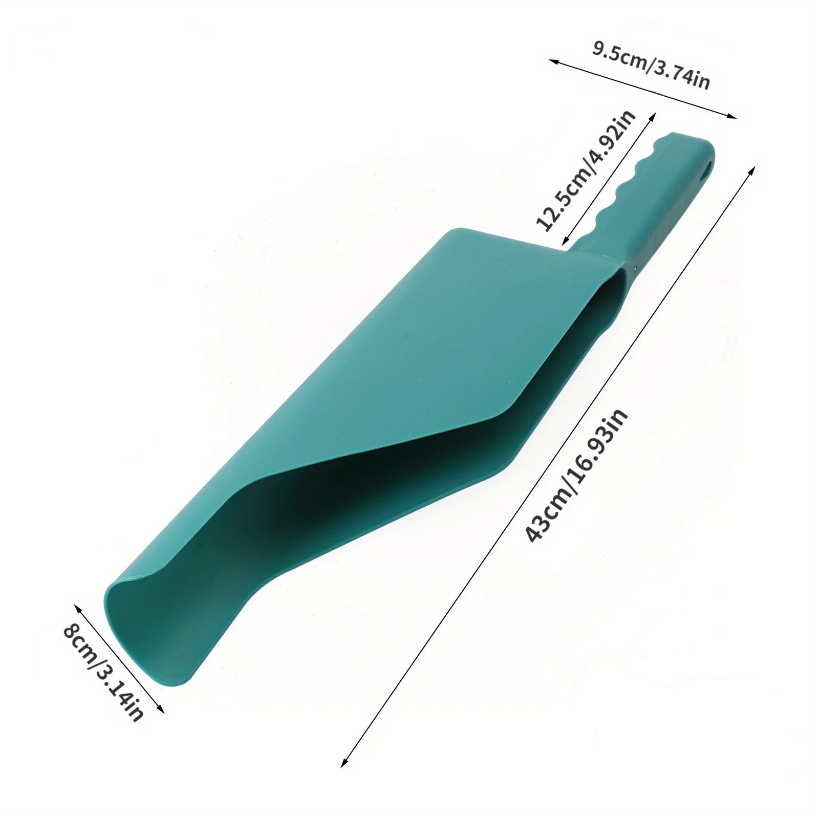 Green plastic gutter cleaning scoop full product view on white background showing curved scoop and ridged handle