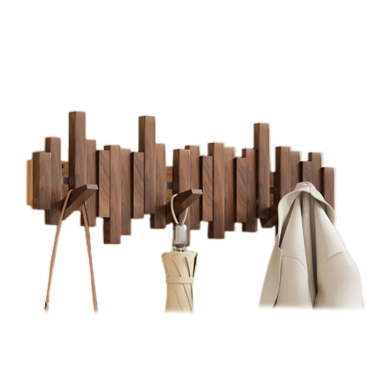 Beech wood coat rack with jackets hanging in modern hallway interior setting
