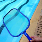 Blue fine mesh pool skimmer on a white background showing rigid frame and short handle with pole connector socket
