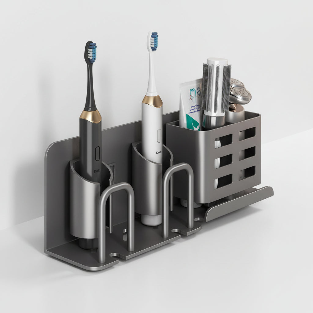 Rust-free aluminium bathroom organiser with multiple compartments and drainage holes on white background