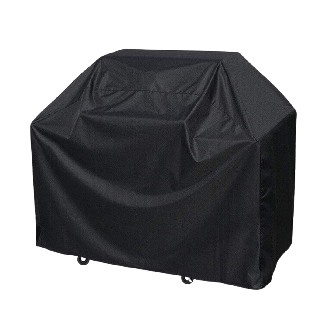Black heavy-duty oxford polyester BBQ cover on white background, clean studio product shot showing full cover shape