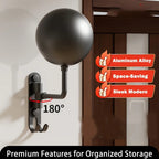 Matte black aluminium alloy helmet wall holder with swivel arm and coat hook on white studio background