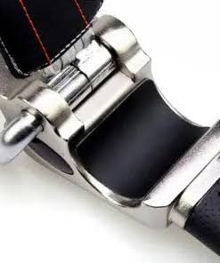 Close-up detail of metal alloy construction with leather padding on steering wheel lock