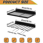 Two-piece matte black iron wall rack set for power tools on white background studio shot front view