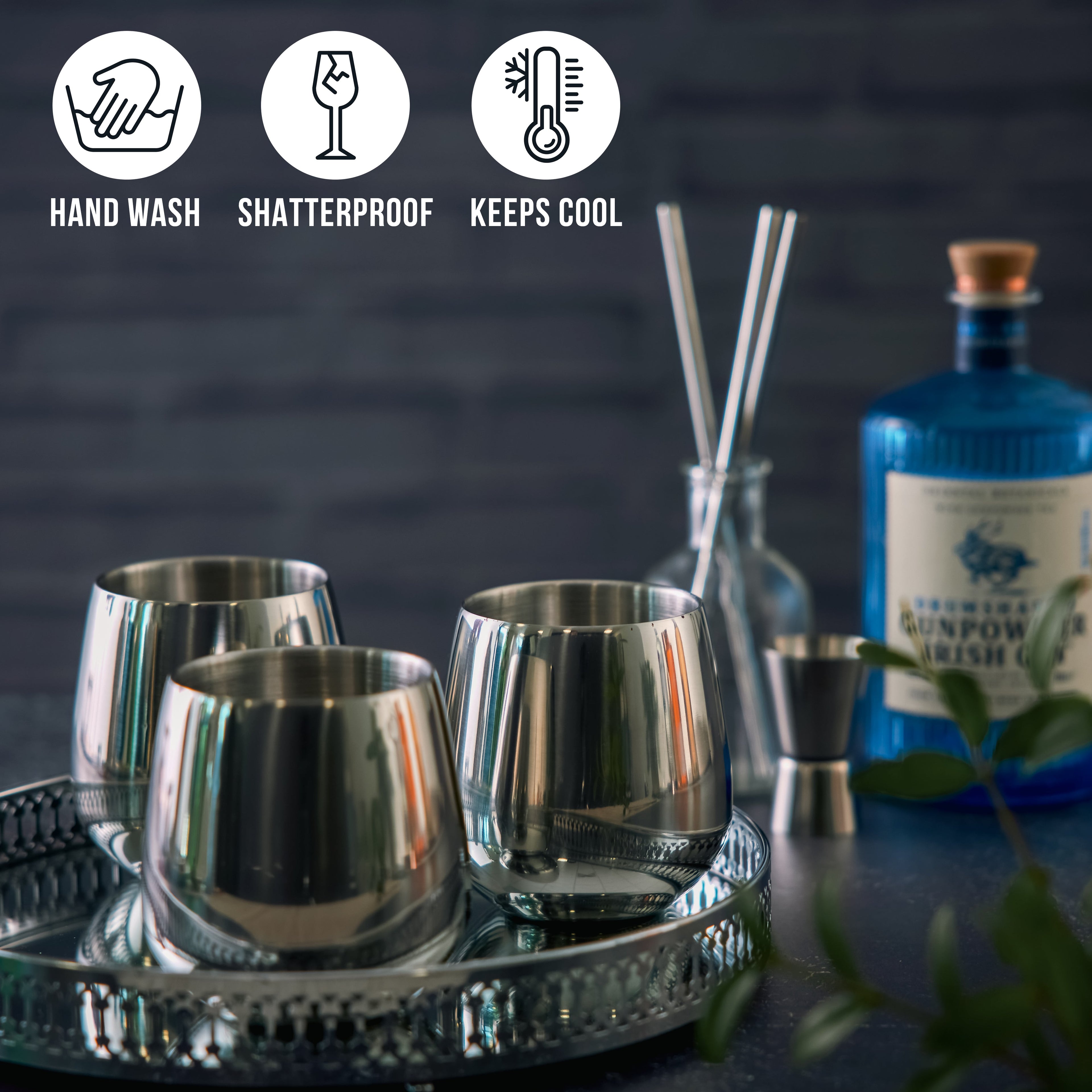 Silver stainless steel tumblers lifestyle bar setting gin bottle accessories