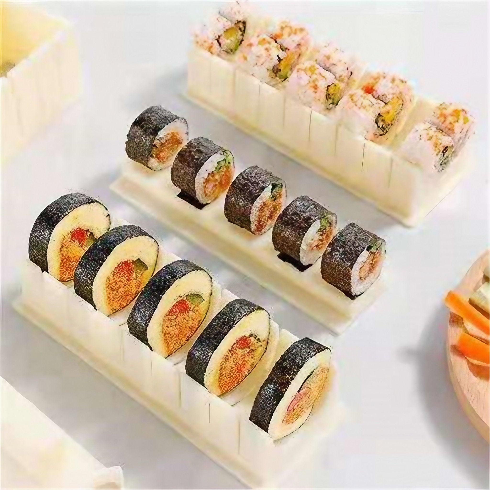 10-piece sushi mould kit at 45-degree angle showing round, square and heart-shaped moulds in off-white plastic