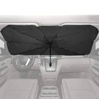 Car windscreen sun shade umbrella installed inside vehicle, fully covering windscreen, interior view from driver seat