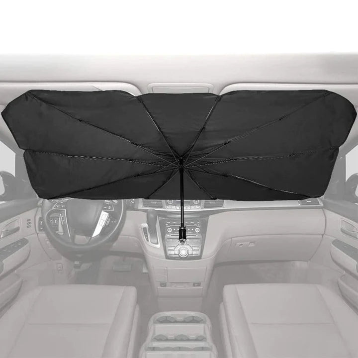 Car windscreen sun shade umbrella installed inside vehicle, fully covering windscreen, interior view from driver seat