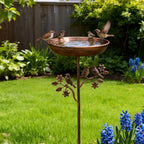 Garden Bird Bath with Stand — Metal Copper Finish in lifestyle setting