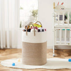 Woven cotton basket with foldable design and carry handles, full of colourful soft toys in a bright children's nursery room