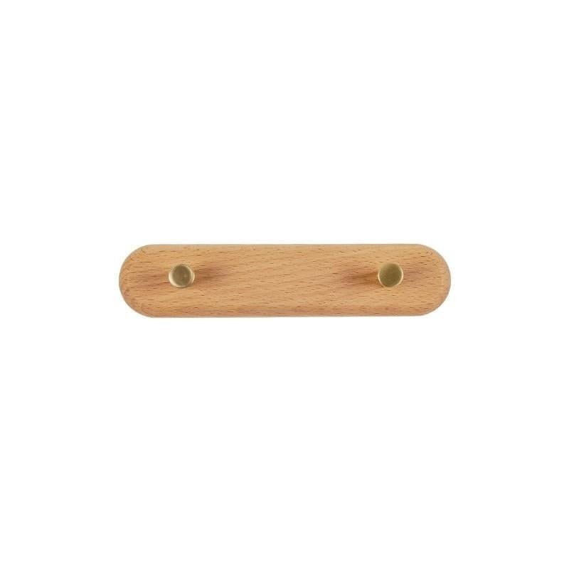 Beech wood wall coat rack with two brass knob hooks on a pure white studio background, front view