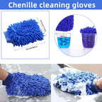 Blue chenille car wash mitt shown in use with soapy water on a car panel, 22 cm size