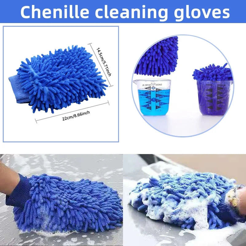 Blue chenille car wash mitt shown in use with soapy water on a car panel, 22 cm size