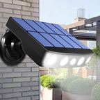 Black solar LED security light on white background showing compact design and solar panel detail