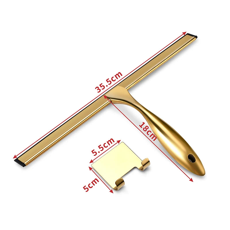 Gold finish shower squeegee with shaped handle and rubber blade on white background, full product view