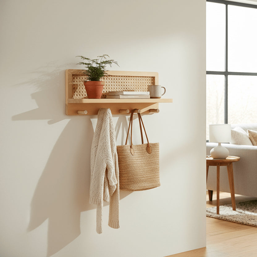 Wooden wall shelf with rattan panel and four wooden peg hooks on pure white background, studio shot front view