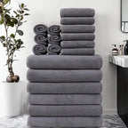 Full 18-piece blue towel set including bath towels hand towels and face washers on white background