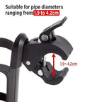 Close-up of adjustable clamp mechanism on black bike bottle holder showing 1.9 to 4.2 cm diameter compatibility range
