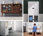 Black cabinet lock mounted on white office storage furniture in modern interior setting