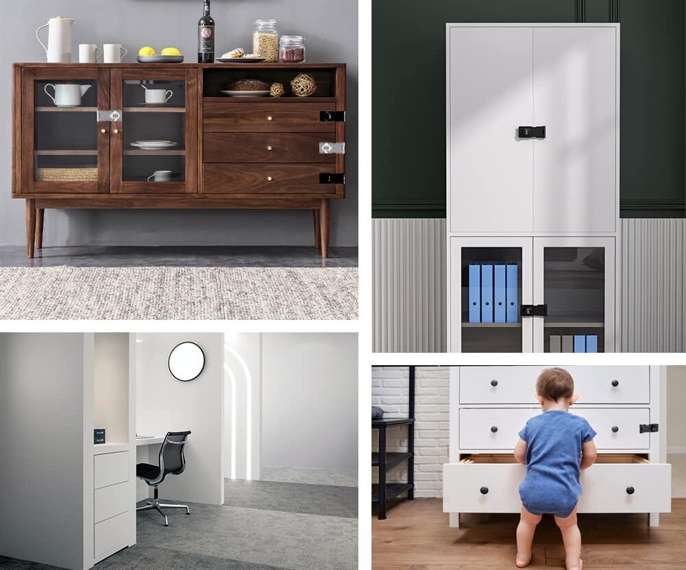 Black cabinet lock mounted on white office storage furniture in modern interior setting