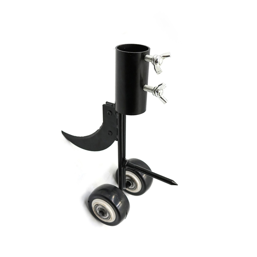 Close-up wheeled grass trimmer showing black metal construction curved blade wheel mechanism