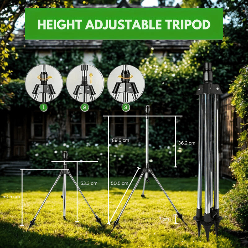 Height adjustable tripod irrigation sprinkler showing extension from 50cm to 89cm with dimensions