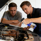 Person using rust remover spray on corroded metal parts in garage workshop automotive repair