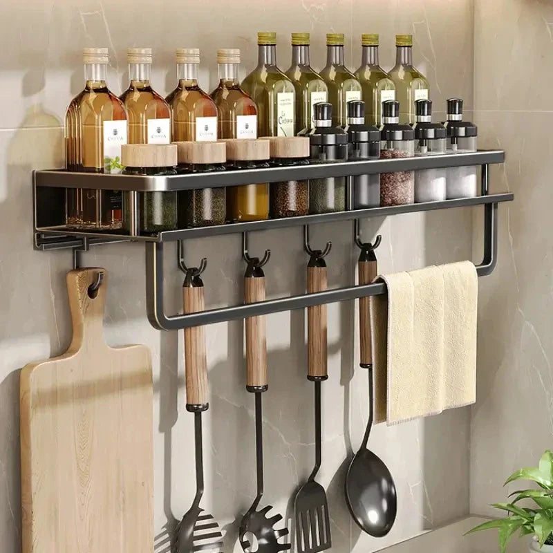 Kitchen organisation shelf black metal construction studio shot on white background