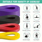 Stackable TPE loop resistance bands angled view showing yellow 5-15 lbs, red 15-30 lbs, black 30-60 lbs, purple 60-100 lbs