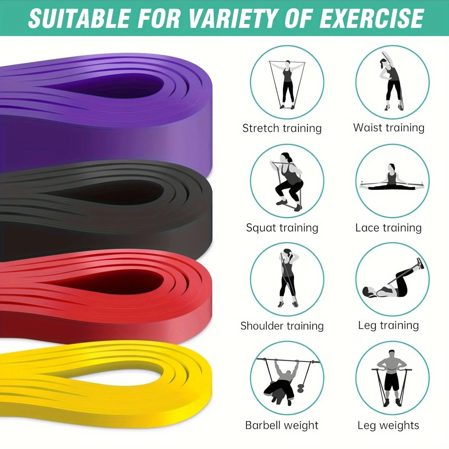 Stackable TPE loop resistance bands angled view showing yellow 5-15 lbs, red 15-30 lbs, black 30-60 lbs, purple 60-100 lbs