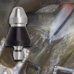 Stainless steel drain nozzle at 45-degree angle showing hose connector end and forward jet orifice on white background