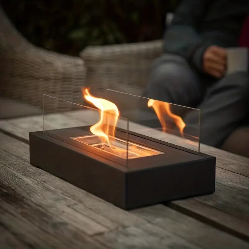 Stainless steel fire bowl with tempered glass safety panels product view white background