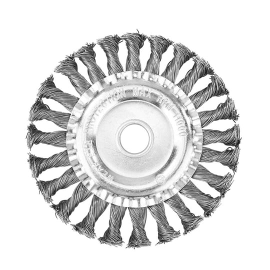 Close-up view of steel wire brush trimmer head showing twisted wire construction detail