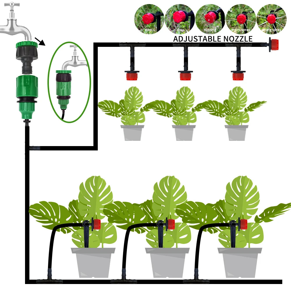 Drip irrigation kit 20 m tubing coil with red-cap nozzles, T-connectors, drip stakes, and tap connectors displayed at angle