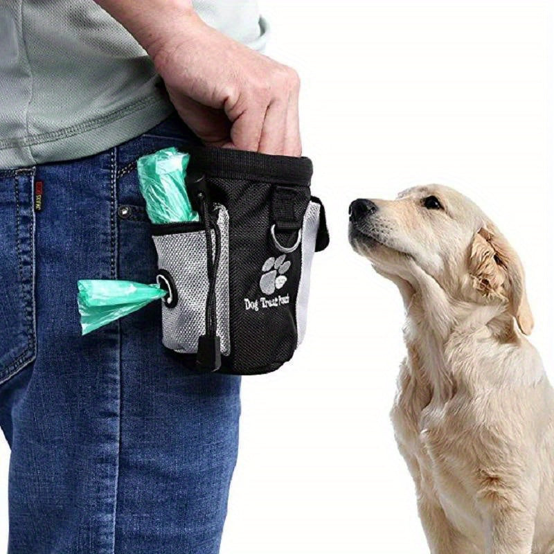 Black and grey polyester dog treat pouch with paw print logo and waste bag dispenser on white background
