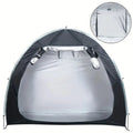 Front view of waterproof polyester bike storage tent open showing silver interior and arch frame poles